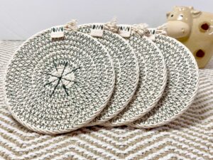 Emma Coaster Set. Natural Rope with Emerald Green stitching.
